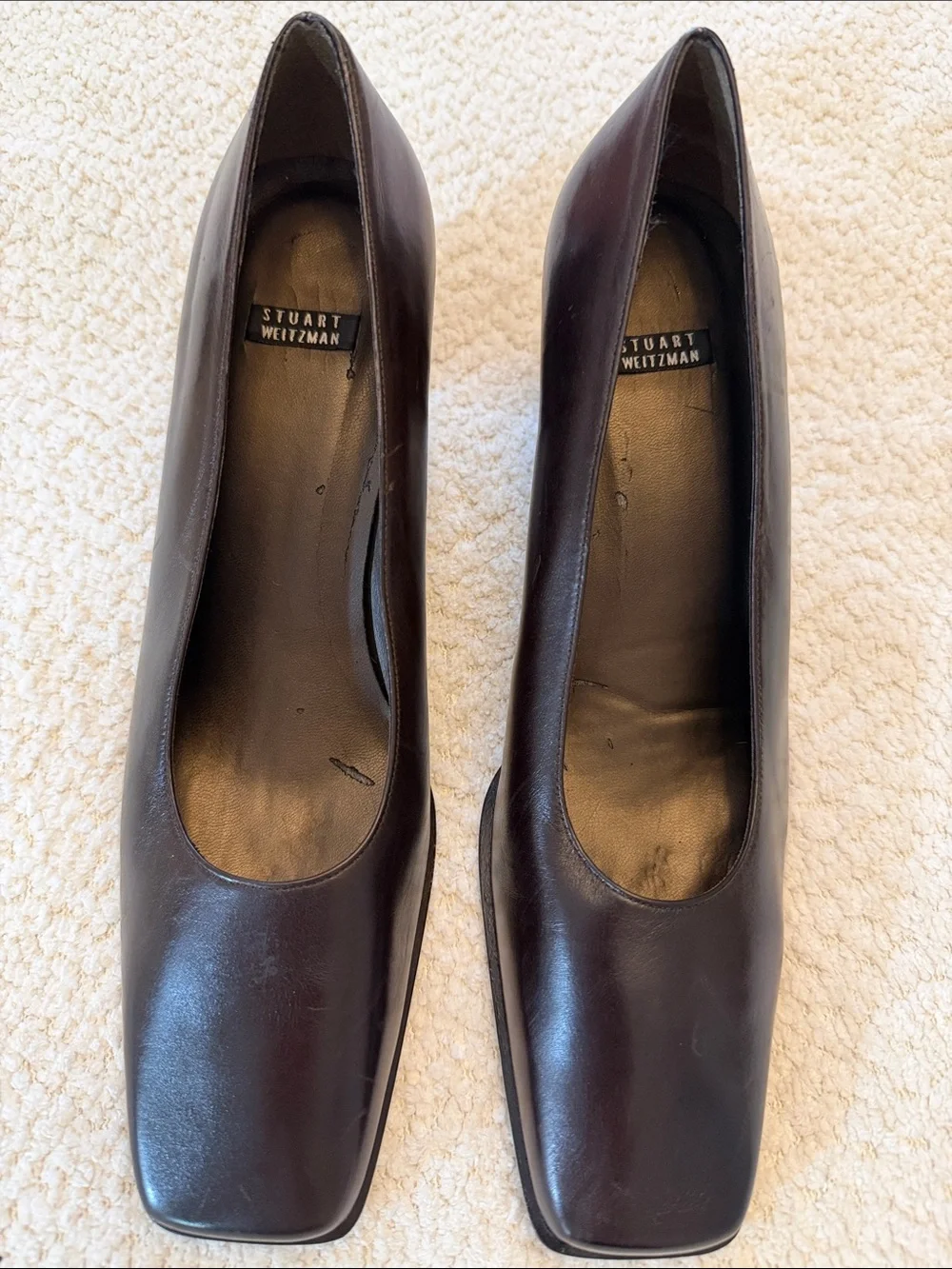 Stuart Weitzman Vintage Espresso Leather Square-Toe Block Pumps - size 8 1/2 B